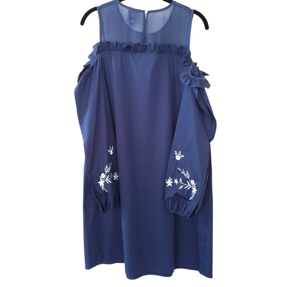 CeCe Jardin Cold Shoulder Floral Embroidery Mini Shift Dress, Navy Blue, Sz 6 - Picture 9 of 11